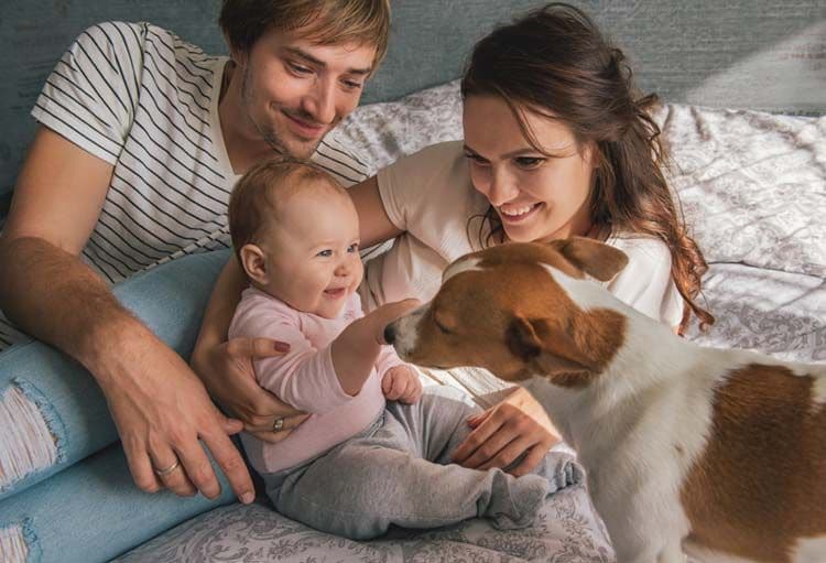 Familia con un bebé que acaricia al perro