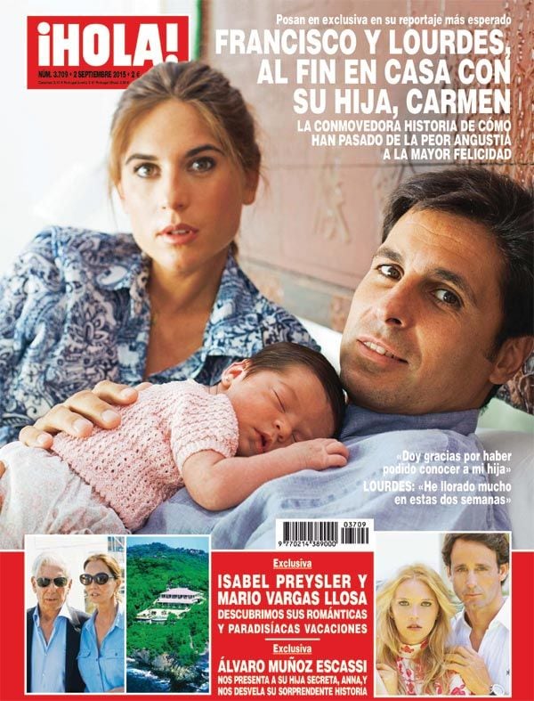 Semanas después del nacimiento, el matrimonio presentó a la niña en la revista ¡HOLA!. “Doy gracias a Dios por haber podido conocer a mi hija”, dijo Francisco. Cabe recordar que el torero sufrió una grave cogida nueve días antes del nacimiento de la niña
