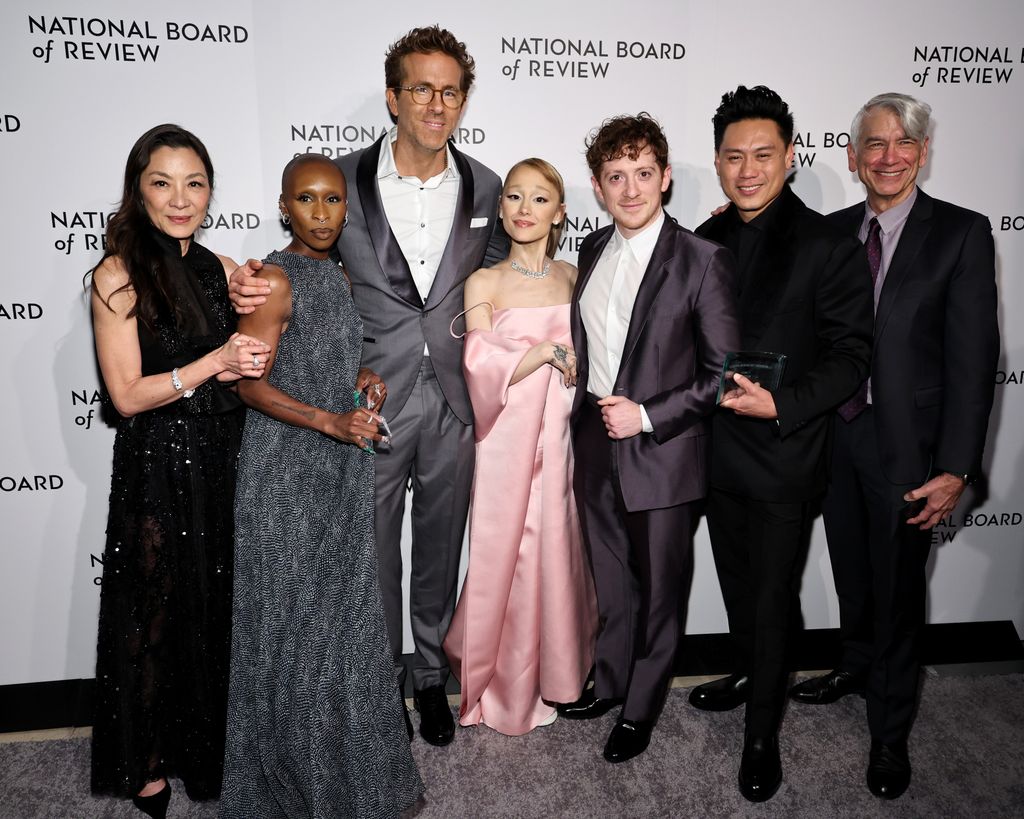 Michelle Yeoh, Cynthia Erivo, Ariana Grande, Ethan Slater, Jon M. Chu and David Nicksay winners of the Best Film Award for "Wicked," and Ryan Reynolds pose during The National Board of Review Annual Awards Gala at Cipriani 42nd Street on January 07, 2025 in New York City. 