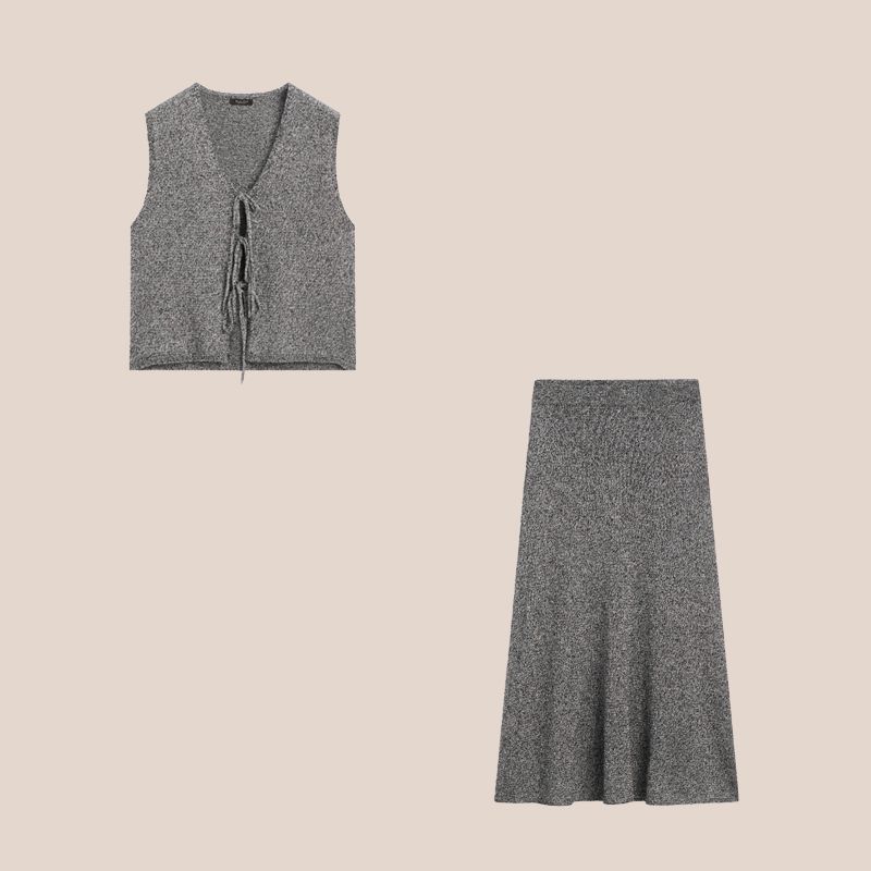 conjunto de punto: falda midi y chaleco con lazos gris