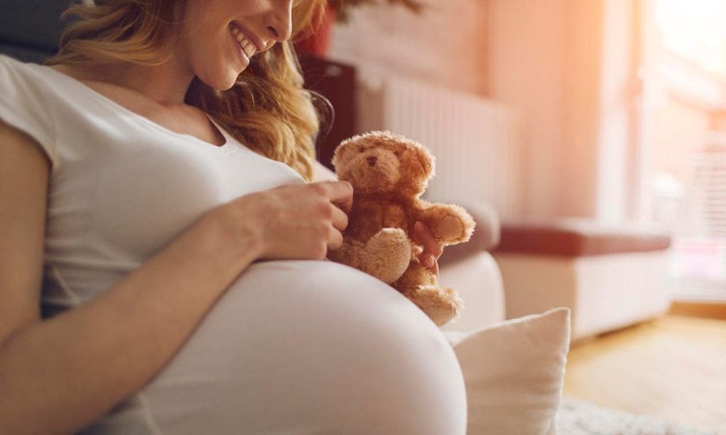 Mujer embarazada con oso de peluche y sonriente