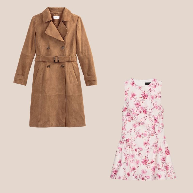 trench de ante y vestido corto de flores