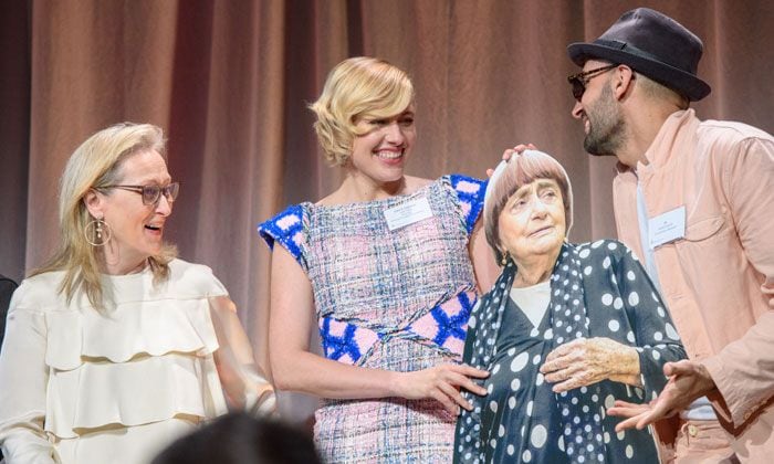 Meryl Streep y Greta Gerwig con Agnes Varda y JR