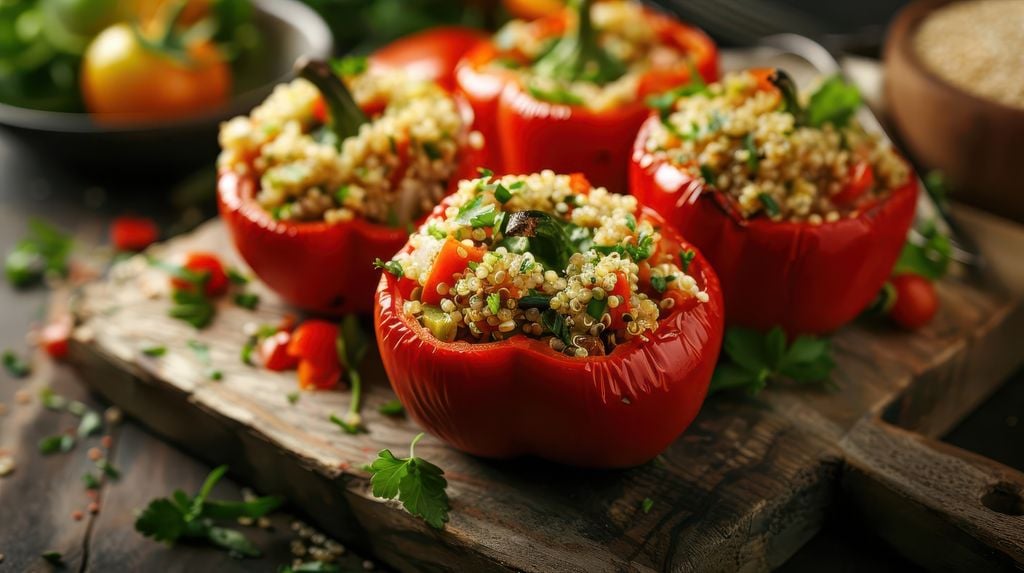 Otro relleno ideal para los pimientos es a base quinoa mezclada con vegetales