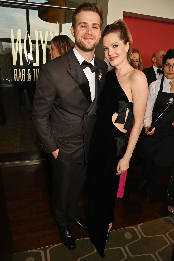 Leo Woodall and Meghann Fahy attend the EE BAFTA Film Awards 2025 Champagne Reception at The Royal Festival Hall on February 16, 2025 in London, England