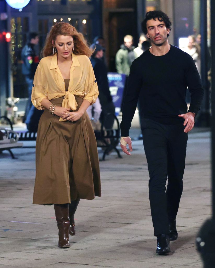 Blake Lively and Justin Baldoni are seen on the set of 'It Ends with Us' on January 12, 2024 in Jersey City, New Jersey