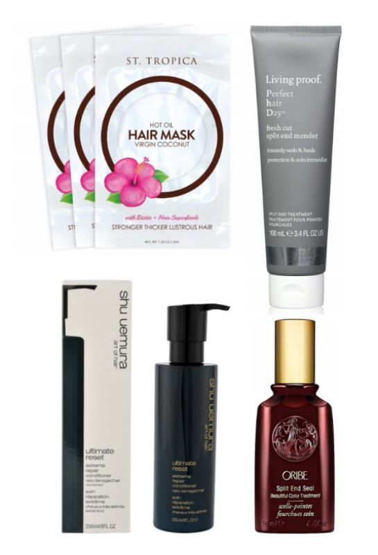 St. Tropica Coconut Oil Hair Mask with Biotin + Hair Superfoods, Living Proof Perfect Hair Day (PHD) Fresh Cut Split End Mender, Shu Uemura Ultimate Reset Extreme Repair Conditioner y Oribe Split End Seal 