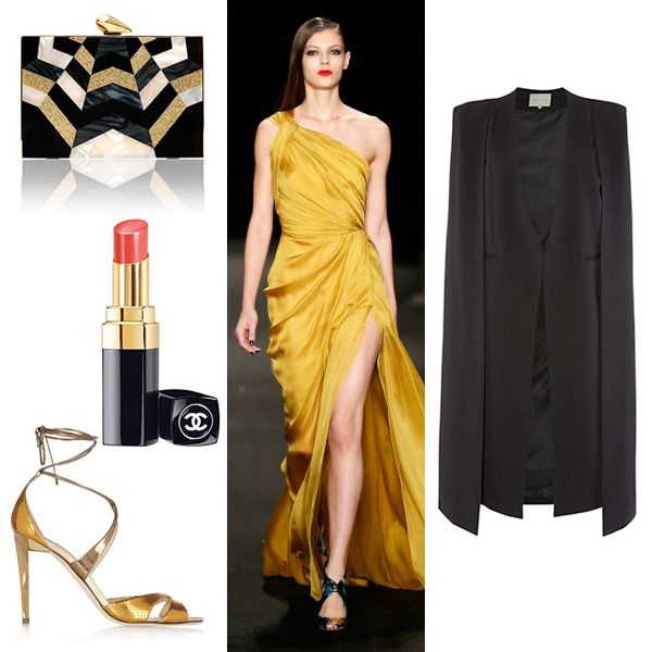 Vestido de noche en color oro con escote a un hombro y abertura en la falda, de Monique Lhuillier.
