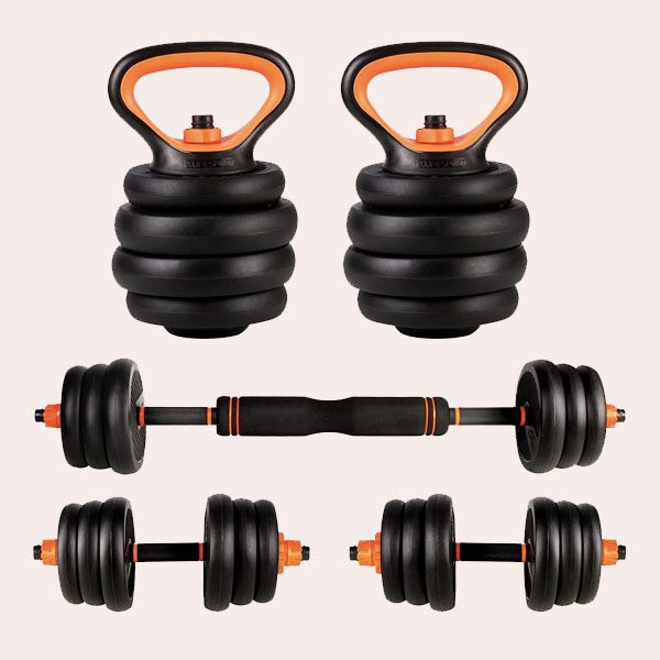 set de mancuernas barra y kettlebell