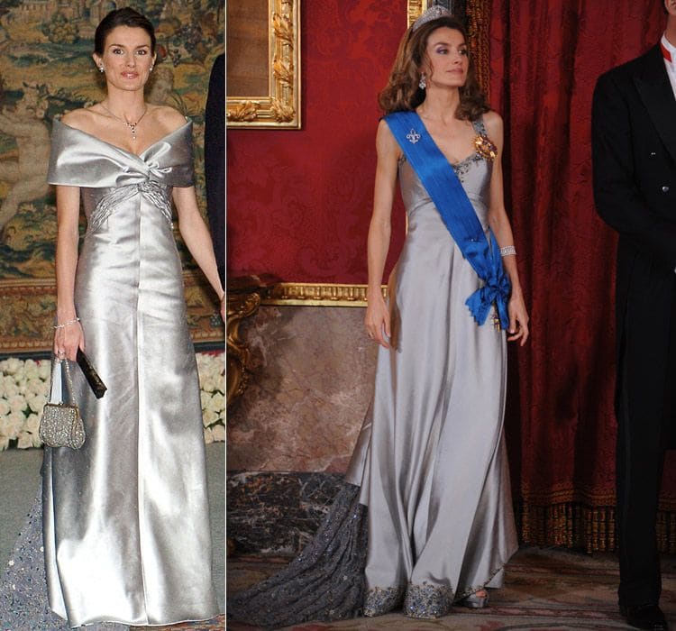 Doña Letizia estrenó este vestido de Lorenzo Caprile para el banquete previo a su boda con el entonces Príncipe de Asturias en el año 2004, cinco años después y con algunos retoques volvió a una cena de gala, esta vez en honor a Nicolás Sarkozy y Carla Bruni
