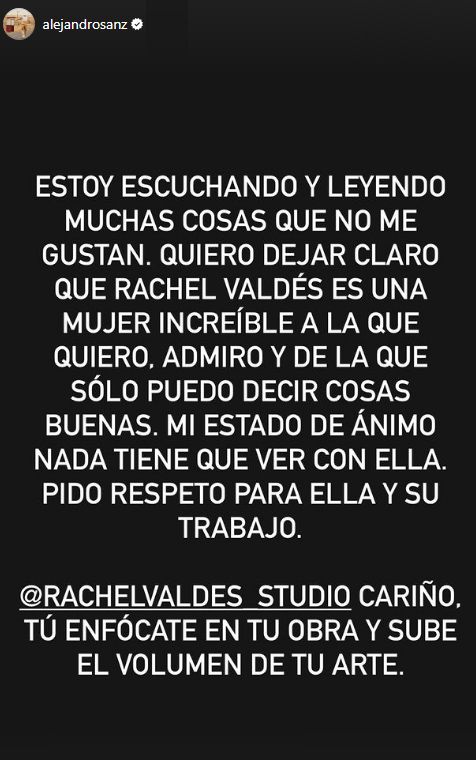 Alejandro Sanz dedica un mensaje a Rachel Valdés