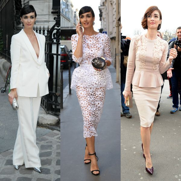 El off white ya formó parte del armario de Paz Vega el año pasado, en 2014, cuando aún llevaba melenita midi en lugar de un pixie cut. En la imagen, durante la semana de la moda de París, con un dos piezas péplum en crudo y zapato en morado.
