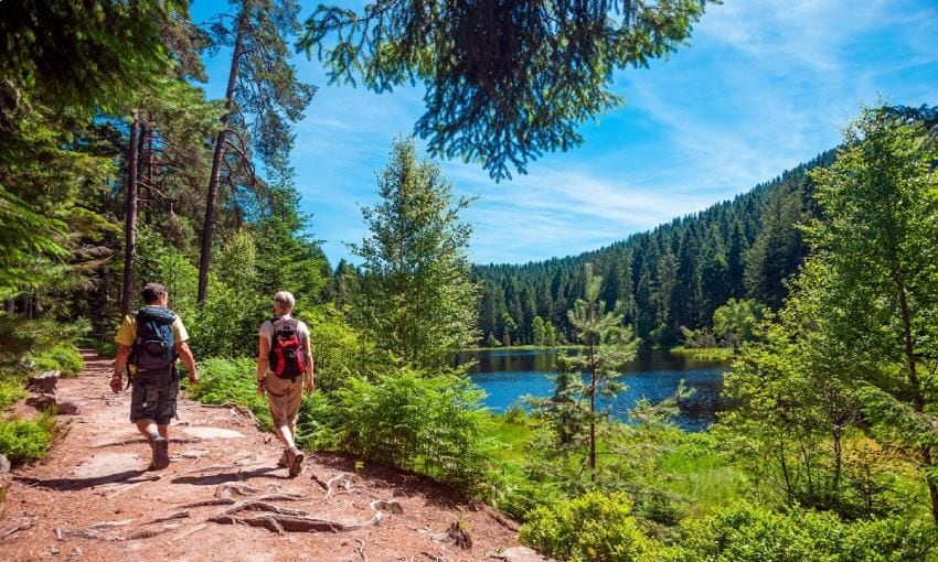 senderistas en el lago herrenwieser en la selva negra alemania