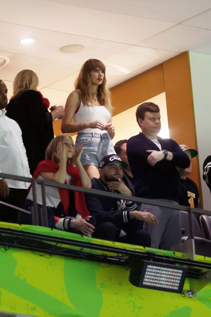 Ashley Avignone, Taylor Swift and Ross Travis during Super Bowl LIX at Caesars Superdome on February 09, 2025 in New Orleans, Louisiana. (Photo by Gregory Shamus/Getty Images)