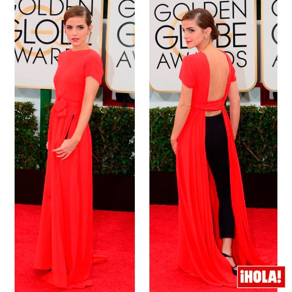 Emma Watson estrenó la versión más elegante del vestido con pantalones en los Globo de Oro de 2014, con un dos piezas de Dior, con vestido maxi de color rojo abierto en la espalda, con pantalones pitillo de color negro por debajo.
