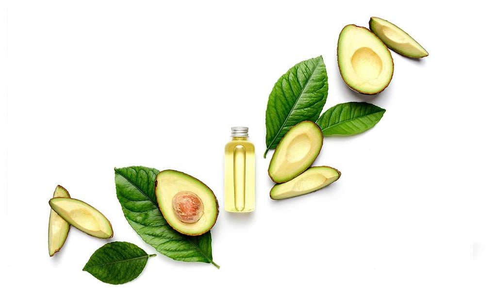 los mejores aceites faciales trozos de aguacate hojas de la planta y frasco con aceite de aguacate 