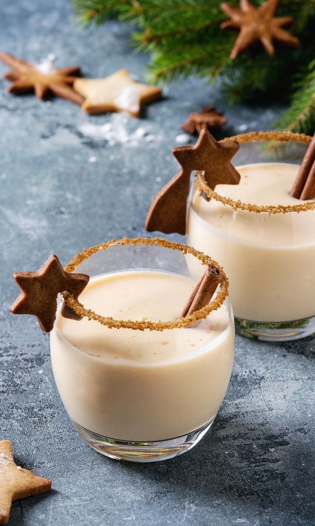 Eggnog Christmas milk cocktail with cinnamon, served in two glasses with shortbread star shape sugar cookies different size, decor toys, fir branch over blue texture background. Close up