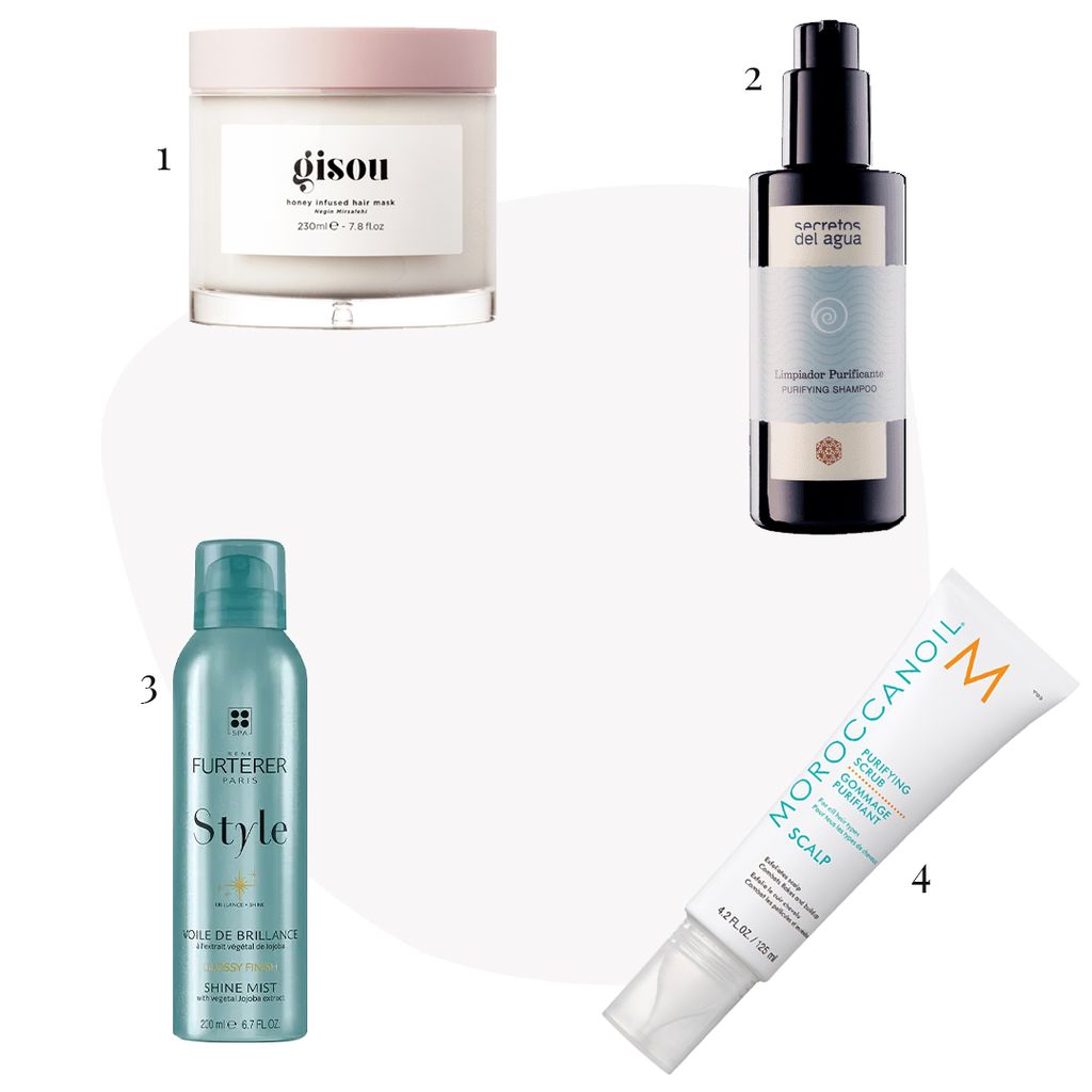 1) 'Honey Infused Hair Mask', Gisou / 2) 'Limpiador purificante', Secretos del Agua / 3) 'Velo de brillo', René Furterer / 4) 'Exfoliante purificante', Moroccanoil 