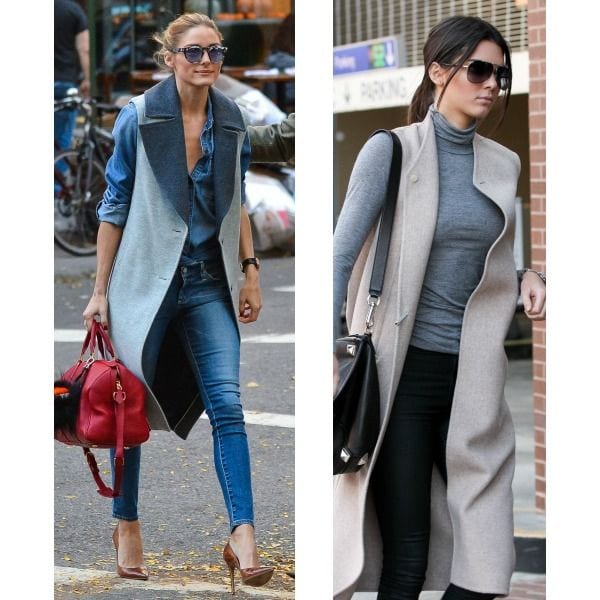 Olivia Palermo domina el abrigo sin mangas, hasta el punto que es capaz de hacer el más difícil todavía llevándolo con un estilismo double denim de camisa vaquera y pantalones ídem. Kendall Jenner va a lo seguro, con un conjunto en colores neutros, la manera más fácil de compensar los juegos de colores y volúmenes de esta prenda que deja las mangas, la camisa y los pantalones al descubierto.
