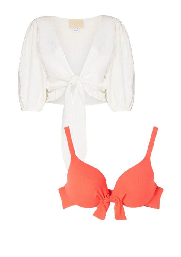 top bikini salmon camisa blanca cropped