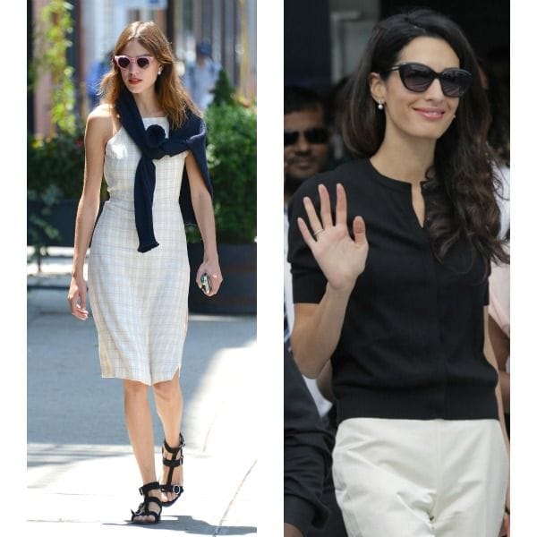 Con colorblocking en blanco y negro, con pantalón sastre y cardigan tocando la cinturilla del mismo. El cardigan de Amal Clooney es de manga corta: atención al botón superior desabrochado.
