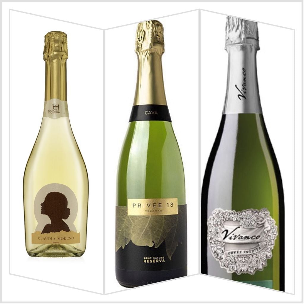 Espumosos: Brut Claudia Moreno, Espumoso Vegamar Privée 18 Brut Natura Reserva y Vivanco Espumoso Cuvée Inédita Reserva Extra Brut