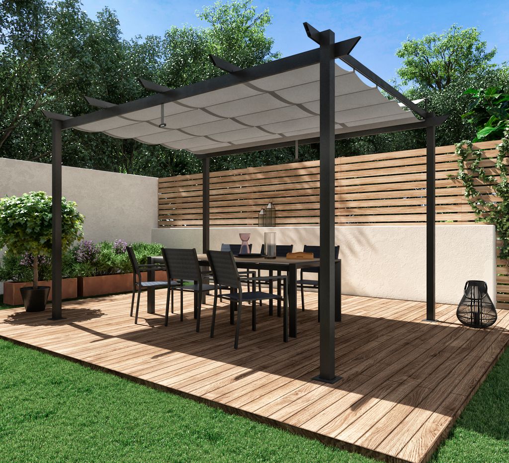 Pérgola con un comedor de exterior