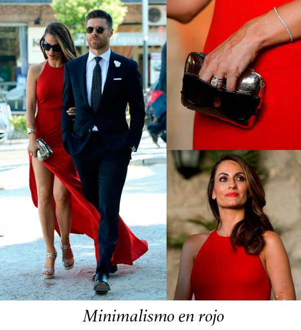 Nagore Aranburu, una de las WAG's e it-girl de referencia españolas, de rojo con vestido con abertura en la falda y cuello halter cerrado.
