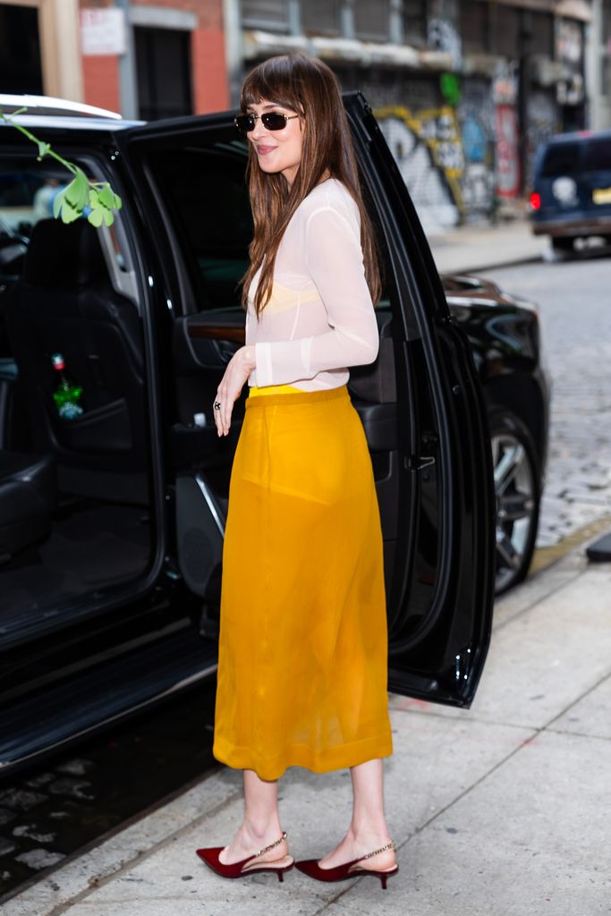 Dakota Johnson en Nueva York con falda transparente