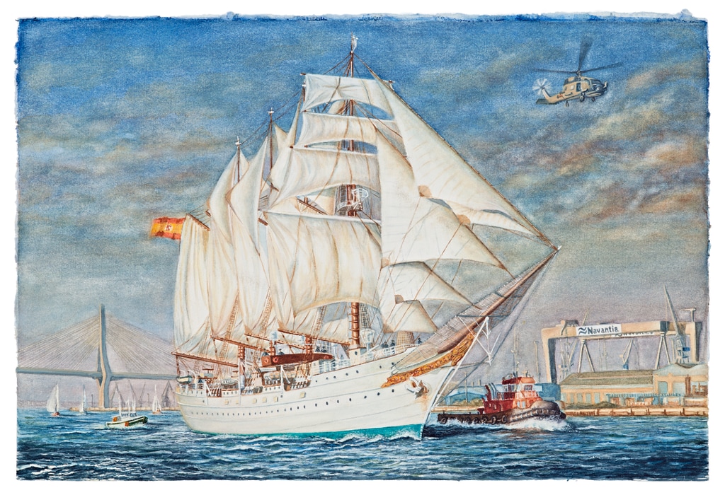 Acuarela del barco Juan Sebastián de Elcano