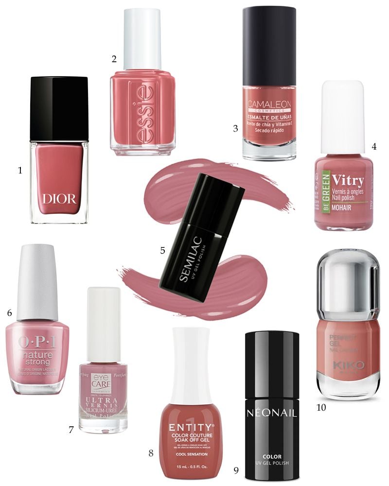 1) '558 Grace', Dior Vernis / 2) 'Never Basic', Essie / 3) 'Caldera', Camaleon Cosmetics / 4) 'Mohair', Vitry / 5) 'Garden Soirèe, Semilac / 6) 'For What It's Earth', OPI / 7) 'Baie Rosa', EyeCare Cosmetics / 8) 'Cool Sensation', Entity / 9) 'Jolly State', Neonail / 10) 'Natural Rose', KIKO