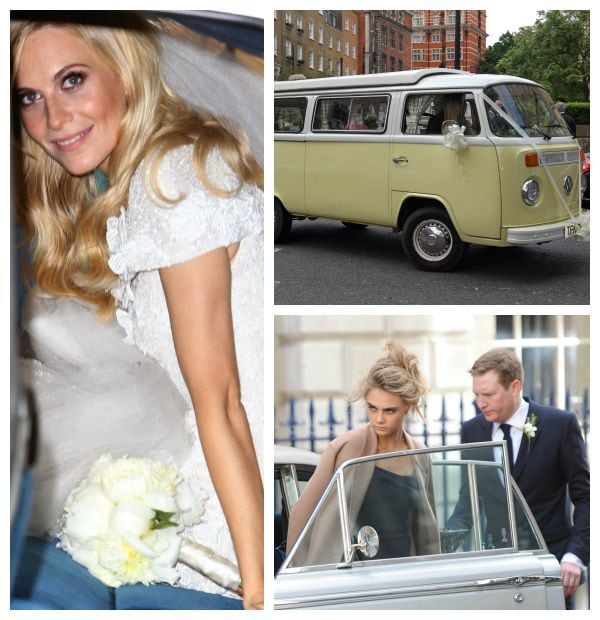 Poppy Delevingne hzo un despliegue de vehículos en su primera boda, celebrada en Londres.
