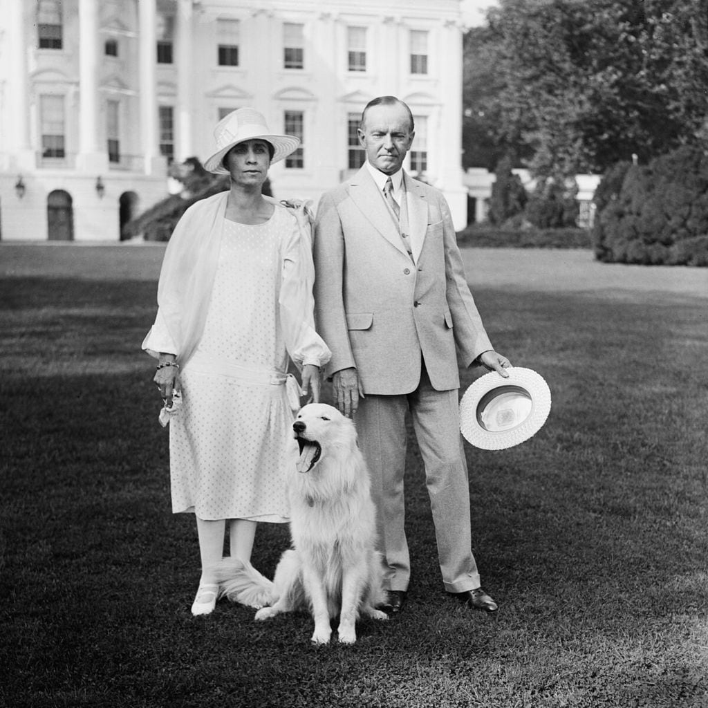 U.S. President Coolidge and Mrs. Coolidge with dog Outside White House, Washington DC, USA, circa 1927