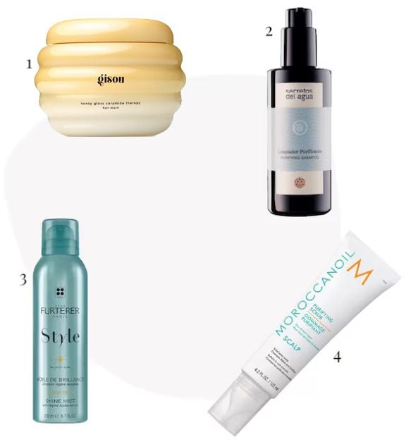 1) 'Honey Gloss Ceramide Therapy Hair Mask', Gisou / 2) 'Limpiador purificante', Secretos del Agua / 3) 'Velo de brillo', René Furterer / 4) 'Exfoliante purificante', Moroccanoil