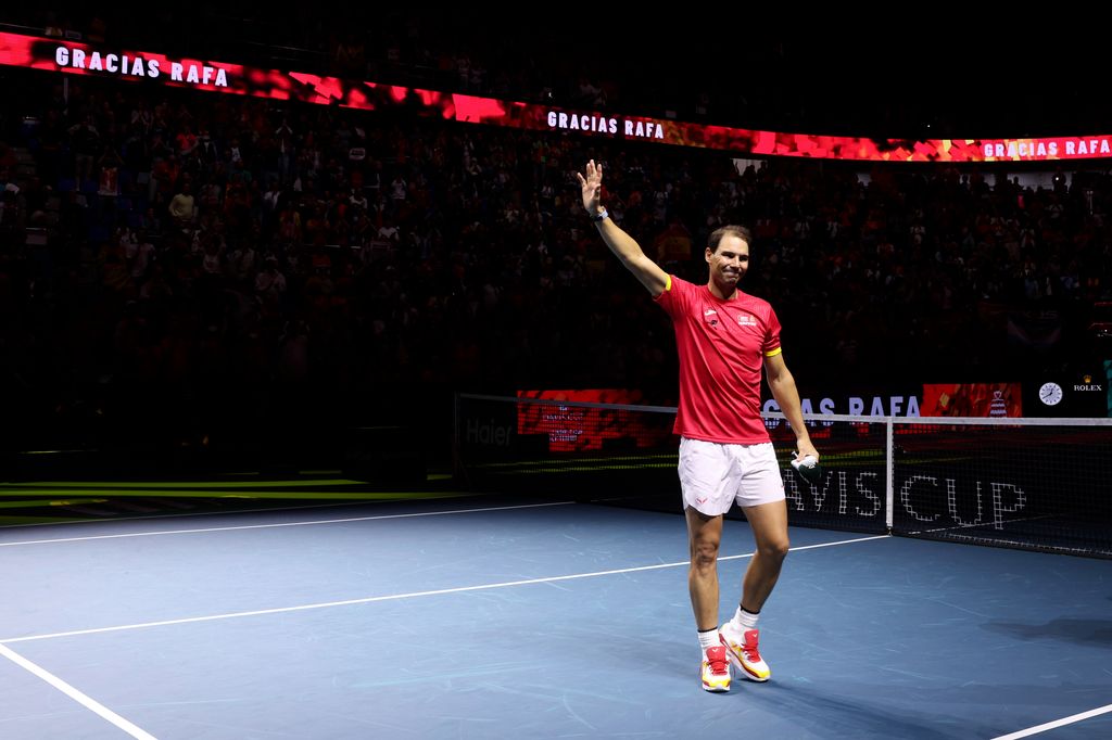 MALAGA, SPAIN - NOVEMBER 19: Rafael Nadal of Team Spain speak to the spectators during his farewell after Spain being knocked out on the quarterfinal tie between Netherlands and Spain during the Davis Cup Finals at Palacio de Deportes Jose Maria Martin Carpena on November 19, 2024 in Malaga, Spain. (Photo by Clive Brunskill/Getty Images for ITF)