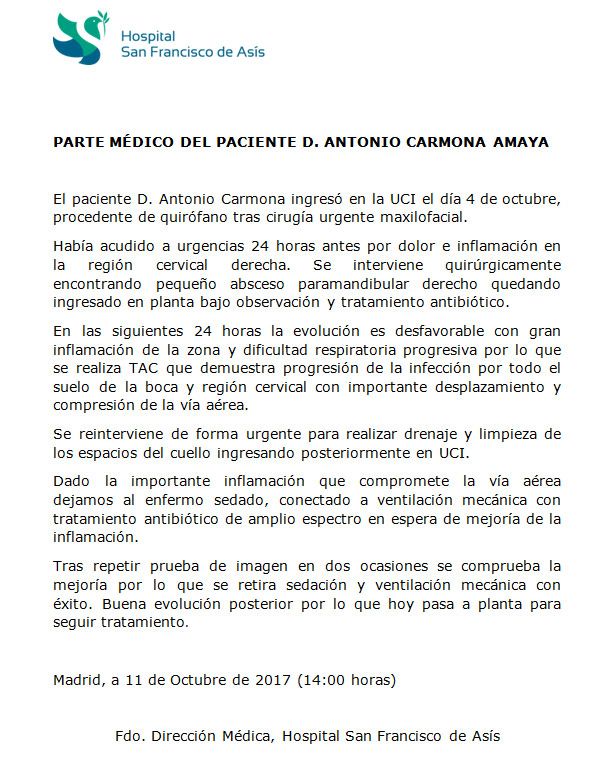 Último parte médico de Antonio Carmona: ya está en planta