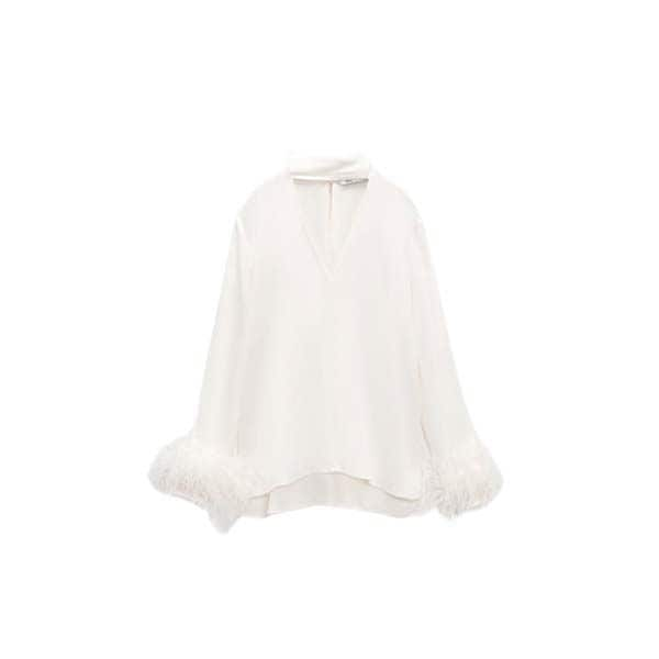 zara blusa blanca plumas