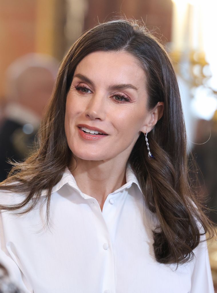 MADRID, SPAIN - JANUARY 09: Queen Letizia during the traditional annual reception for the Diplomatic Corps accredited in Spain on the occasion of the new year, at the Royal Palace of Madrid, on January 9, 2025, in Madrid, Spain. The Diplomatic Corps accredited in Spain, composed in total by 126 Embassies resident in our country and almost 800 Consulates, 153 career and more than 600 honorary. In addition, another 49 countries are accredited to Spain, but have residence in Paris, London, Brussels or Geneva. On the other hand, 42 international organizations have their headquarters in Spain. (Photo By Marta Fernandez/Europa Press via Getty Images)