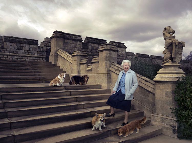 La Reina pasea entre la terraza y los jardines del este del Castillo Windsor. Junto a ella cuatro de sus perros: Willow (Corgi), Vulcan (Dorgie), Candy (Dorgie) and Holly (Corgi)
