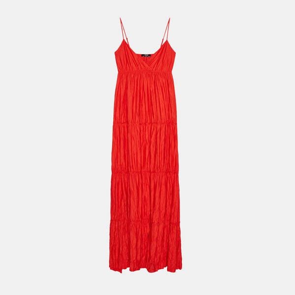 vestido largo rojo volantes bershka