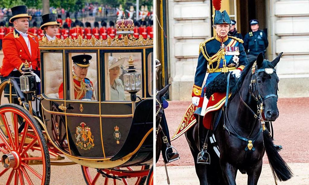 Carlos III (sobre estas líneas) encabezó la procesión en el Ascot Landau, junto a la Reina Camilla, mientras que su hijo Guillermo, la princesa Ana (al lado) y el príncipe Eduardo los escoltaban a caballo.