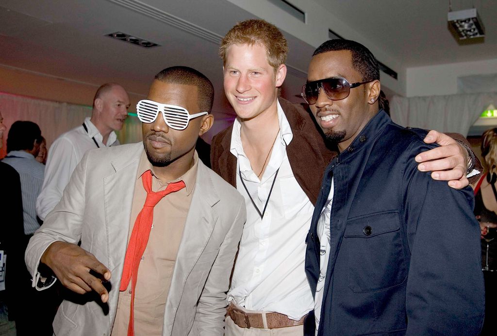 Prince Harry with Kanye West (left) and P. Diddy (right) at the Diana of Wales memorial concert after party