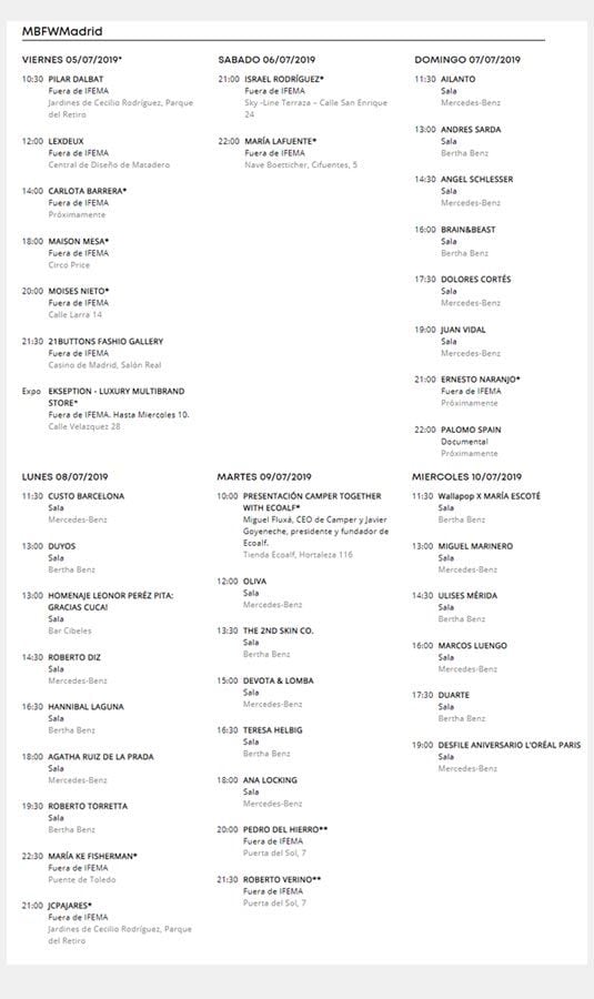 Calendario desfiles principales