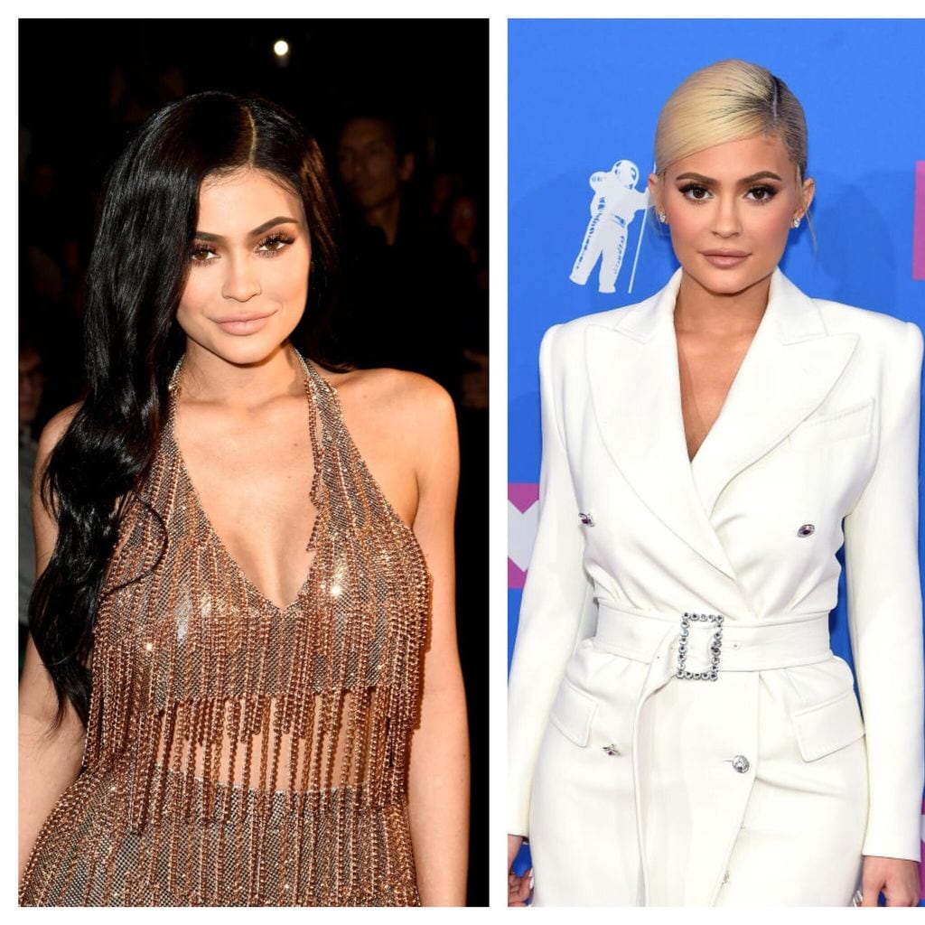 collage de kylie jenner con sus looks de rubia y morena