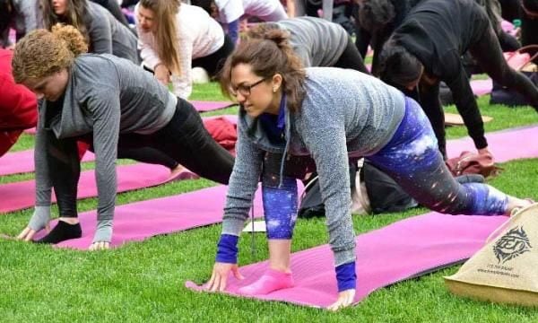 pose estocada corredor yogis in the park exercise routine