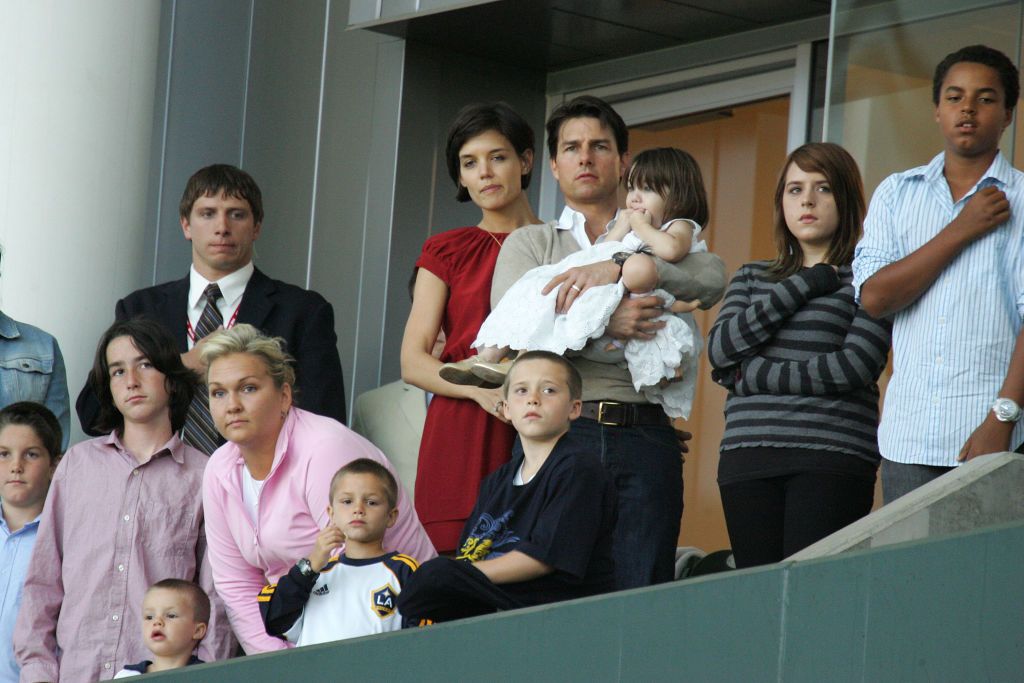 LOS ANGELES, CA - MAY 10:  Tom Cruise (C) and Katie Holmes with daughters Suri Cruise, Isabella Kidman-Cruise (2nd R) and son Connor Kidman-Cruise (R), with David Beckham's sons Brooklyn (front R), Romeo and Cruz Beckham (front L), watch the Major League Soccer match between New York Red Bulls and LA Galaxy at the Home Depot Center May 10, 2008 in Carson, California.  (Photo by Toby Canham/Getty Images)