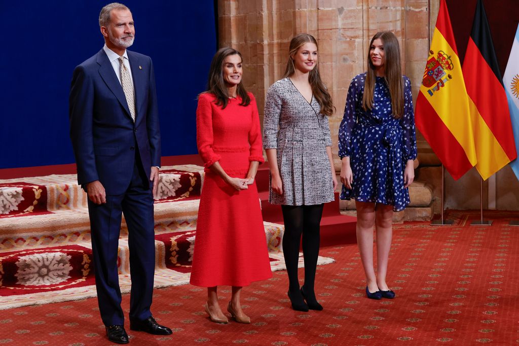 Spanish King Felipe VI and Queen Letizia with Princess of Asturias Leonor de Borbon and Infant Sofia de Borbon during an audience with the awarded the Princess of Asturias awards 2024 in Oviedo, on Friday 25 October 2024.