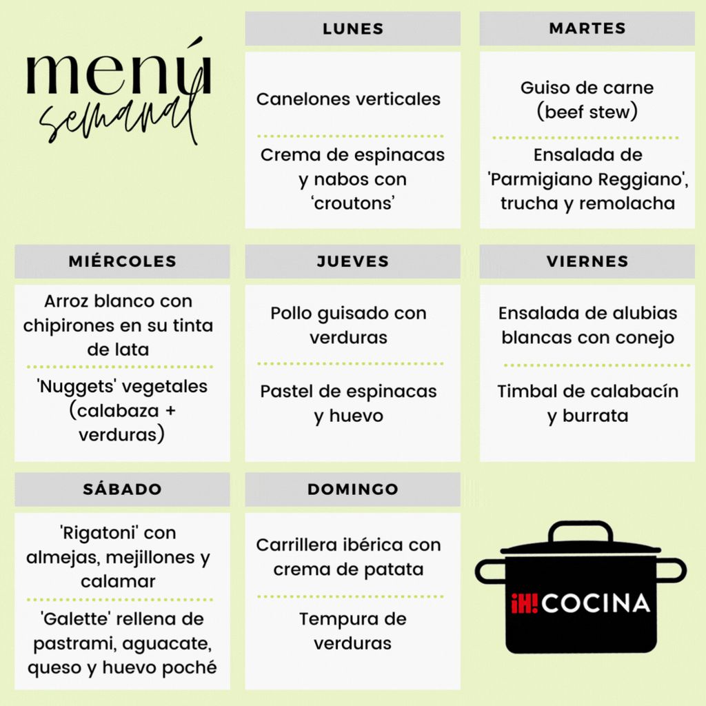 MENÚ SEMANAL DEL LUNES 23 AL DOMINGO 29 DE OCTUBRE