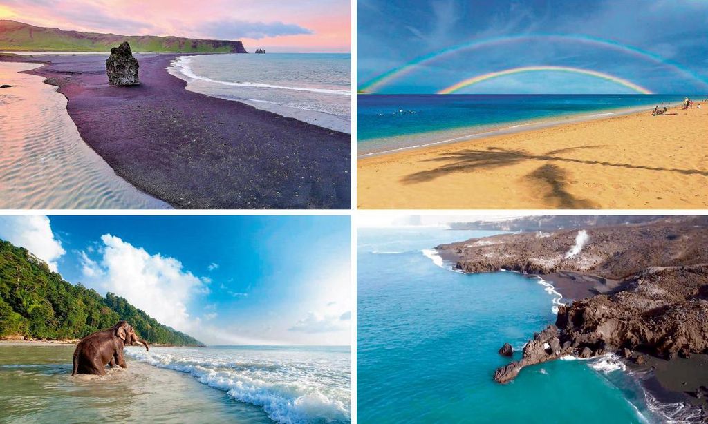 
Arriba, la playa de Eagle, donde los árboles llamados ‘divi divi’ ocupan la primera línea. Junto a estas línas, la sobrecogedora playa de Reynisfjara, con su arena negra, y al lado, la playa de Hawái donde contemplar con arcoíris en todo su esplendor. En las imágenes inferiores, la playa de Radhanagar, donde es común encontrarse elefantes bañándose, y la del Cable, donde muchos de sus visitantes van en camello por su gran extensión.
