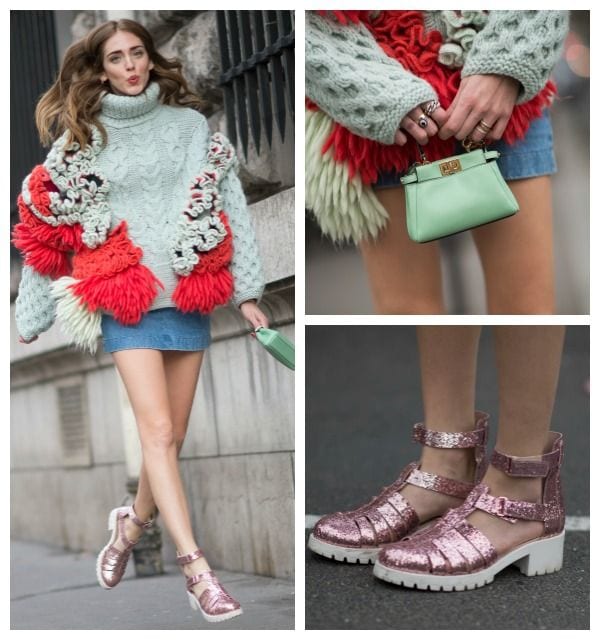 Chiara Ferragni con top de Delpozo, cangrejeras glitter en color rosa de su propia firma y minibolso de Fendi.
